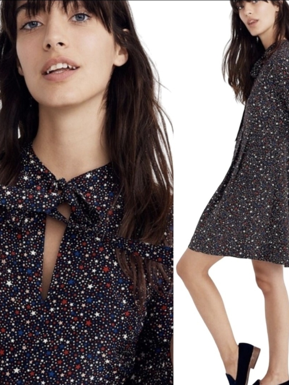 Madewell Black Star-Print Tie-Neck Mini Dress